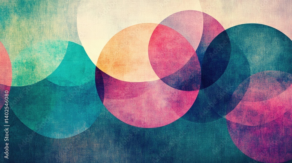 Poster a visually stunning layout of soft pastel circles and squares, intermingling in an abstract design t