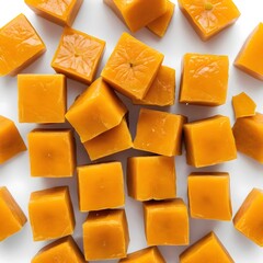 Golden Caramel Cubes on White Background