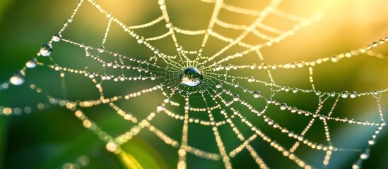 Dew-kissed spiderweb, sunrise meadow, nature background, website banner