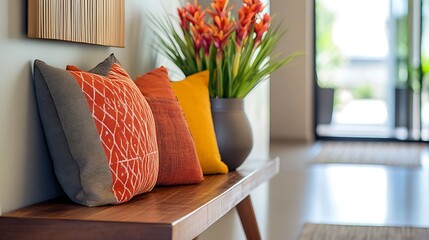 cozy modern hallway with wooden bench vibrant flowers and pillows offering a warm and welcoming space designed with stylish decor and natural home elements