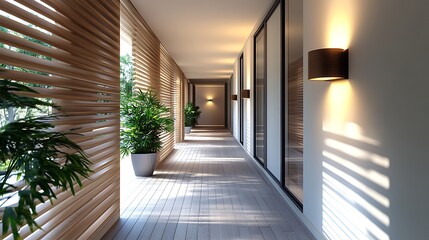 modern house interior with minimalist hallway long corridor layout wooden flooring and elegant wall sconces showcasing sleek and stylish home decor