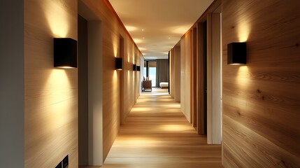 modern house interior with minimalist hallway long corridor layout wooden flooring and elegant wall sconces showcasing sleek and stylish home decor