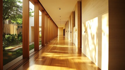 modern house interior with minimalist hallway long corridor layout wooden flooring and elegant wall sconces showcasing sleek and stylish home decor