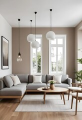 Fototapeta premium Modern Living Room Interior Design with Gray Sectional Sofa and Wooden Coffee Table