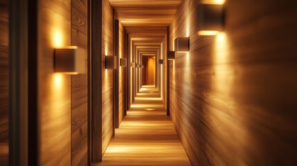 modern house interior with minimalist hallway long corridor layout wooden flooring and elegant wall sconces showcasing sleek and stylish home decor