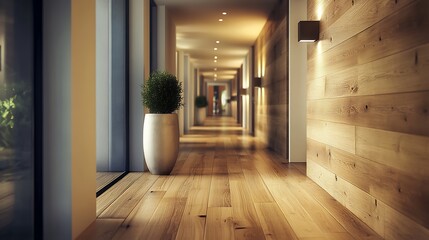 modern house interior with minimalist hallway long corridor layout wooden flooring and elegant wall sconces showcasing sleek and stylish home decor
