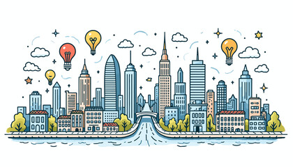 Fototapeta premium Urban skyline with hot air balloons decorating the cityscape 