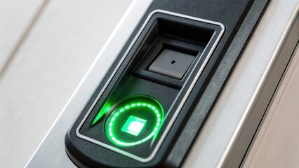 Digital Identity + Biometric Authentication + Security concept, Fingerprint scanner with a green light indicator on a modern device.