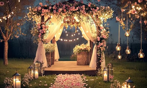 Romantic garden gazebo adorned with flowers and fairy lights