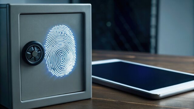 Digital Identity + Biometric Authentication + Security concept, A safe with a fingerprint scanner beside a tablet on a wooden surface.