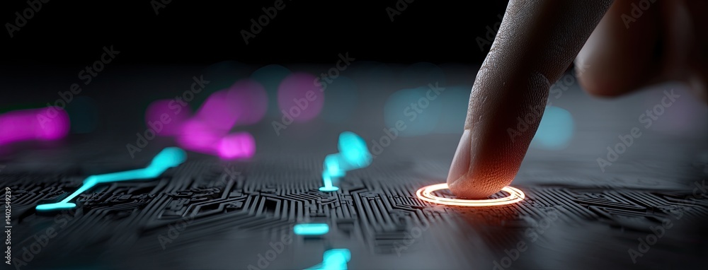 Poster a fingertip connects with a vibrant digital interface representing data flow and advanced technology