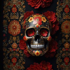 Floral sugar skull in Khokhloma style on dark background for Day of the Dead