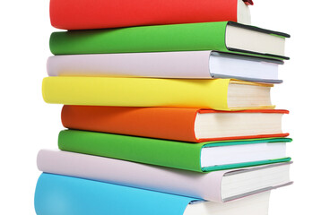 Stack of colorful books on white background