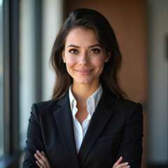 A young woman with a warm smile poses confidently in a professional business suit