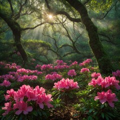 Fototapeta premium Sunlight filters through forest canopy, casting warm glow over vibrant pink rhododendron flowers. Twisted branches form natural archways, creating serene, mystical atmosphere. Lush greenery.