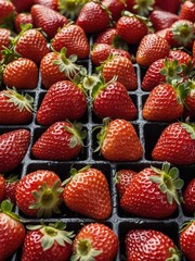 Skilled chef meticulously slices ripe strawberry with precision, revealing its juicy interior. Crimson fruit rests on black grid, its vibrant hue contrasting against dark background. Freshness.