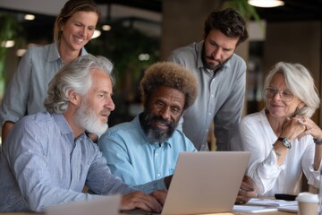 Diverse group collaborates, reviewing data on a laptop. Shared insights create success. Innovation in a modern office. Collaboration is key.