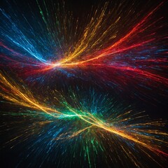 Explosive collision of vibrant cosmic rays illuminates dark expanse. Dual streaks of red, yellow intersect with green, blue, creating energetic display. Fine lines pulse outward.