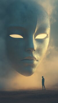 Floating emotional mask beside a neutral subject, with surreal mist or light beams separating their states of mind