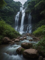 Naklejka premium Majestic waterfall crashes down rocky cliff, surrounded by lush greenery. Mist rises from impact, creating serene scene. Tranquil stream winds through foreground, bordered by large stones.