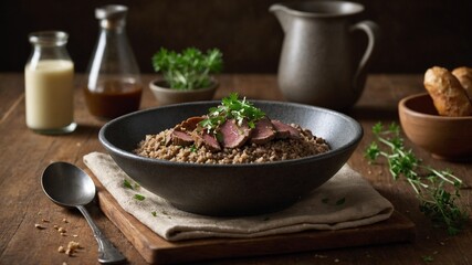 Bowl of cooked grains topped with sliced meat, fresh herbs centered on wooden table, accompanied by rustic kitchenware. Warm lighting highlights textures of food, natural materials used in setting.