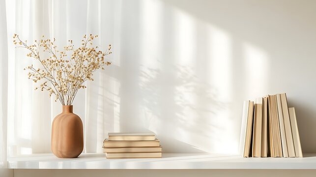 minimalist interior shelf design with stacked books terracotta vase and dried flowers showcasing clean aesthetic and warm cozy home decor style