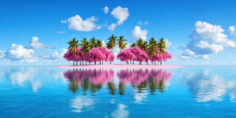 Pink, Tropical island with pink trees and clear blue water reflections.