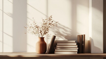 minimalist interior shelf design with stacked books terracotta vase and dried flowers showcasing clean aesthetic and warm cozy home decor style