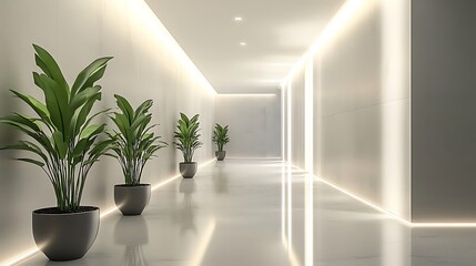 minimalist interior corridor with modern design sleek layout artistic lighting and greenery elements creating bright and elegant contemporary space decor