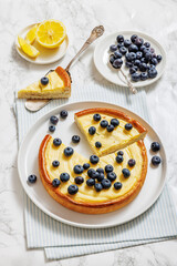 Cheesecake with blueberries sliced on a plate