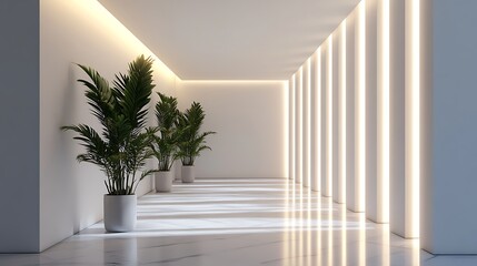 minimalist interior corridor with modern design sleek layout artistic lighting and greenery elements creating bright and elegant contemporary space decor