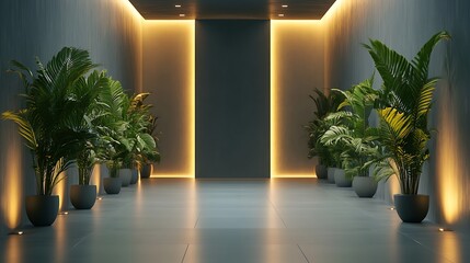 minimalist interior corridor with modern design sleek layout artistic lighting and greenery elements creating bright and elegant contemporary space decor
