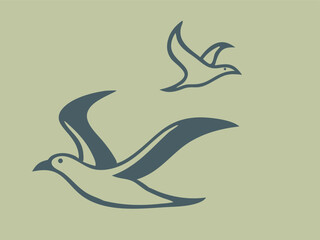 Minimalist Bird Silhouette Pattern with Elegant Flying Seagulls on Green Background

