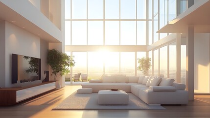 bright modern living room with large windows natural light and minimalist furniture highlighting cozy home concept and clean stylish interior design