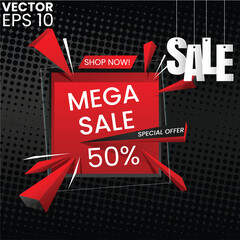 This bold design highlights a mega sale with 50% off, perfect for grabbing attention in ads, banners, and social posts. Bright colors and bold text make it stand out.