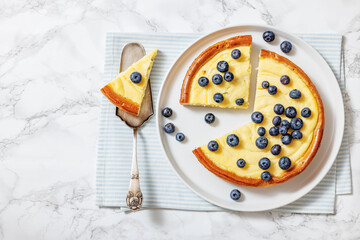 Cheesecake with blueberries sliced on a plate