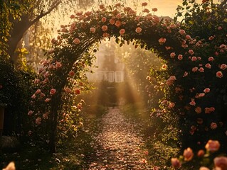 Serene Rose Garden Archway: Vibrant Blooming Flowers and Sunlight Pathway for a Tranquil Nature Retreat
