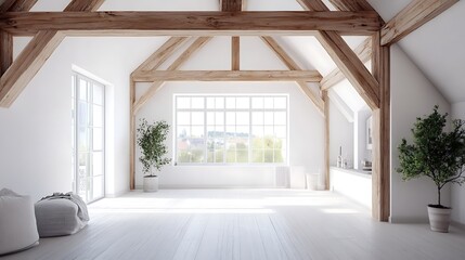 spacious modern room featuring wooden beams bright white walls and natural light creating clean minimalist interior design and contemporary home decor concept