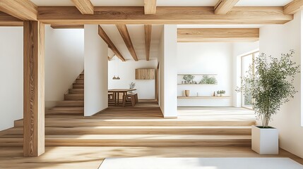 spacious modern room featuring wooden beams bright white walls and natural light creating clean minimalist interior design and contemporary home decor concept