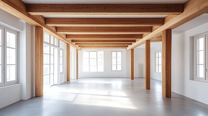 spacious modern room featuring wooden beams bright white walls and natural light creating clean minimalist interior design and contemporary home decor concept