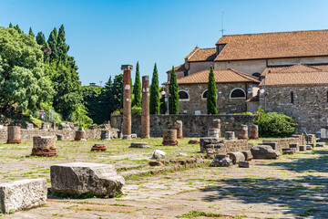 Remains of columns of an ancient Roman basilica on the San Giusto hill, near the Castle of San Giusto, Trieste city center, Italy