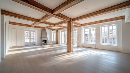 spacious modern room featuring wooden beams bright white walls and natural light creating clean minimalist interior design and contemporary home decor concept
