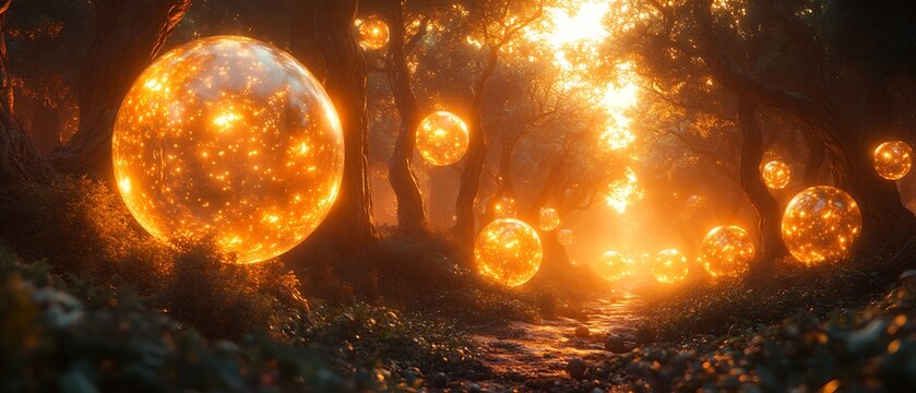 Pulsating orbs of light linked by thin energy tendrils amidst alien foliage, dawn garden, soft global illumination, eye-level perspective.