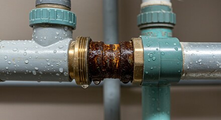 Close-up of Corroded Pipe Joint with Water Droplets Signs of Leakage and Rust