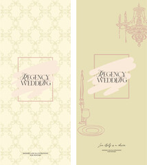 Vertical pre-made Bridgerton style backgrounds - aesthetic, whimsical hand drawn line art style for wedding designs in soft pastel colors. Digital stylization of the Regency era. Vector