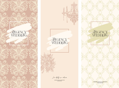 Vertical pre-made Bridgerton style backgrounds - aesthetic, whimsical hand drawn line art style for wedding designs in soft pastel colors. Digital stylization of the Regency era. Vector