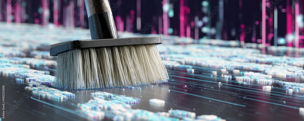 Poster cleaning brush on digital surface with colorful data streams, symbolizing technology and cleanliness