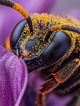 Macro Photography of a Bee Pollinating a Flower: Close-Up on Nature's Eco-Friendly Insect
