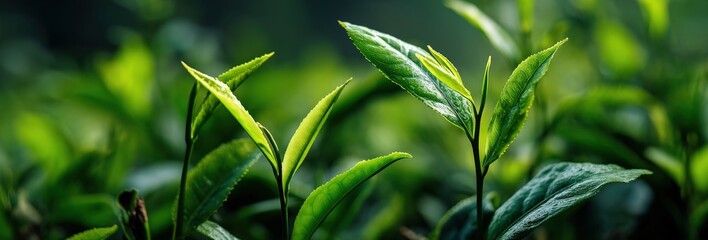 Fresh green tea leaves closeup on soft blurred spring garden backdrop with text space, natural organic lifestyle banner design for wellness branding.