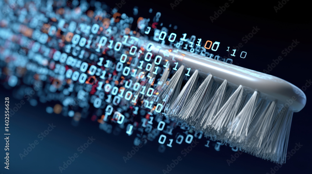 Poster digital toothbrush with binary code, symbolizing technology oral care. image conveys innovation and 